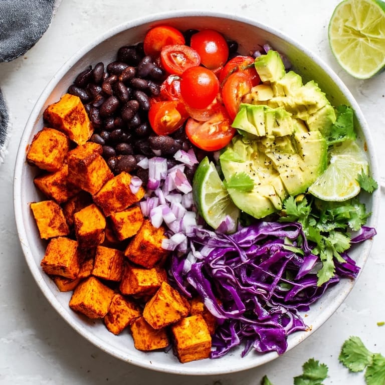 A colorful serving of plant-based Sweet Potato Taco Bowls, brimming with fresh ingredients and flavors.