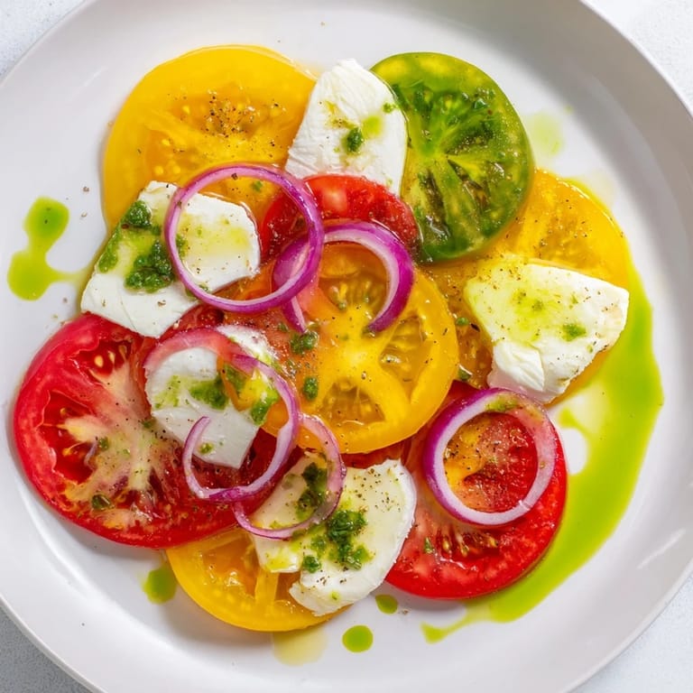 Freshly drizzled summer tomato salad with basil oil, showcasing creamy mozzarella and vibrant flavors.