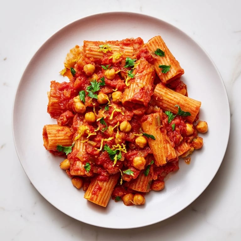 Close-up of hearty, flavorful Harissa Chickpea Pasta topped with fresh herbs and crumbled feta.