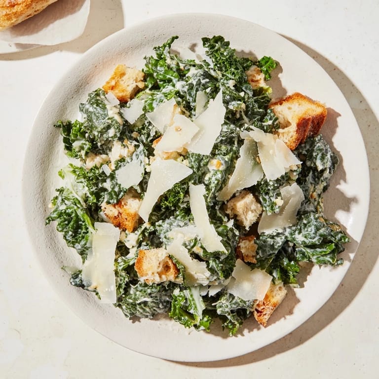 A creamy homemade dressing coats this flavorful Kale Caesar Salad, perfect for a light lunch.