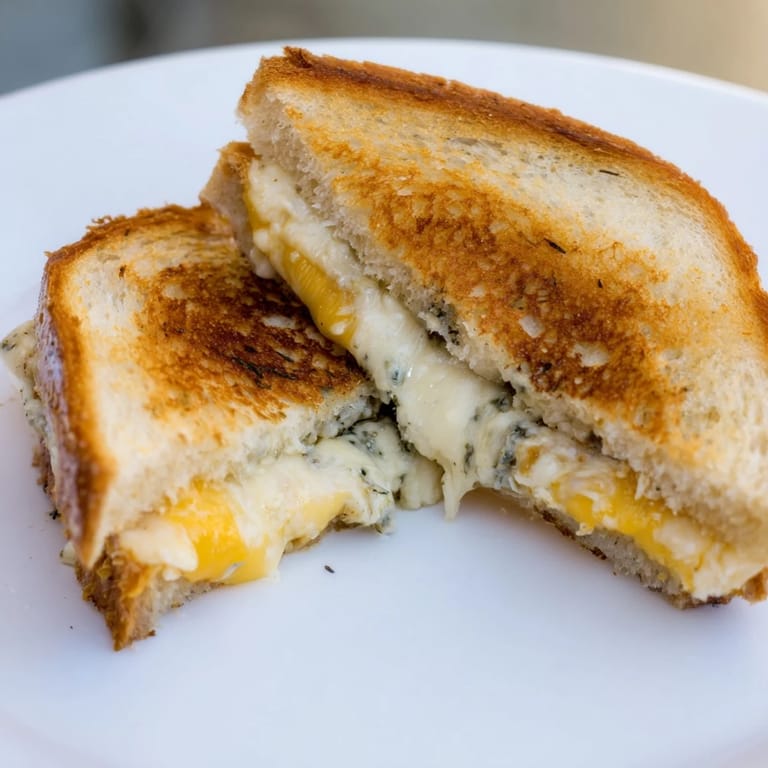 Close-up of a Garlic Butter Mayo Grilled Cheese, showing the golden, crispy sourdough texture and cheese pull.