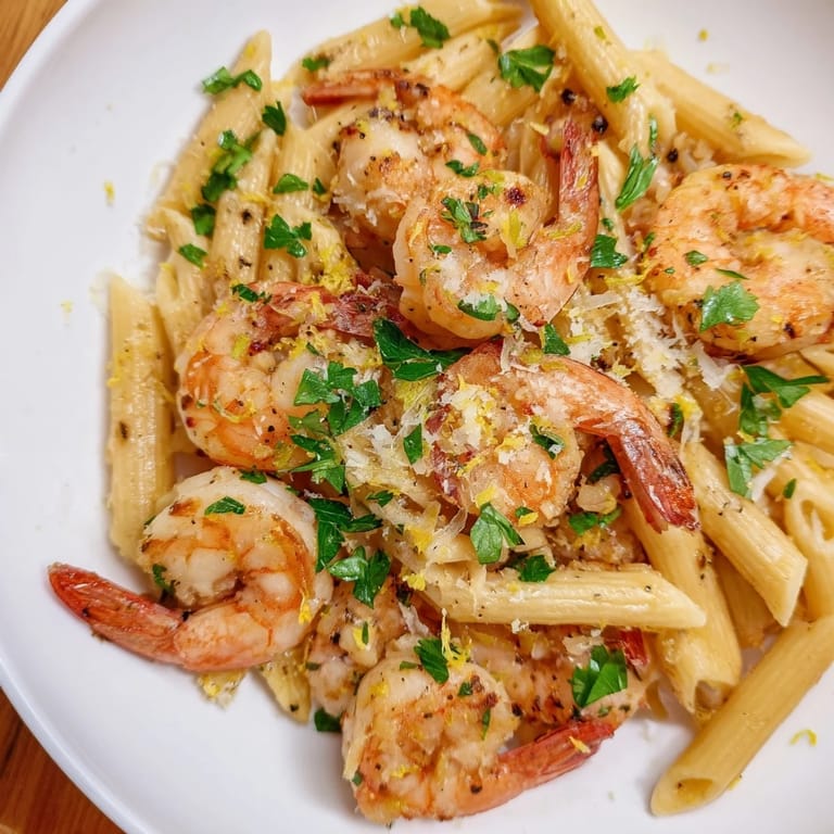 Hearty Garlic Shrimp Penne, a vibrant Italian-American dish with succulent shrimp and garlic.