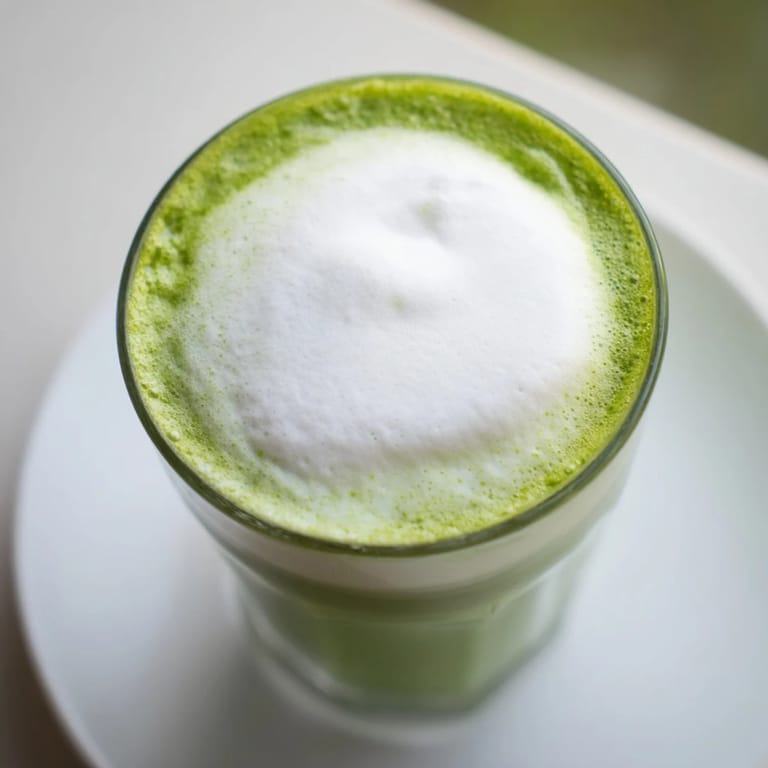 A close-up of a vibrant green creamy matcha latte, with a sweet layer of cold foam.
