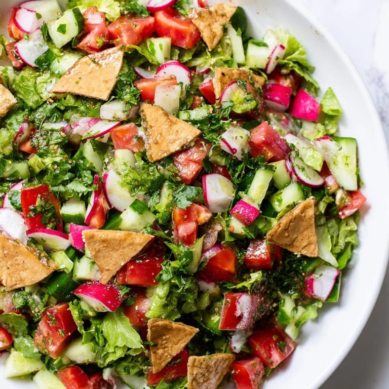 Fresh Lebanese Fattoush Salad, featuring a mix of chopped vegetables and bright green herbs.