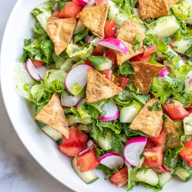 A flavorful closeup of Lebanese Fattoush Salad, ready to be tossed with the zesty dressing.