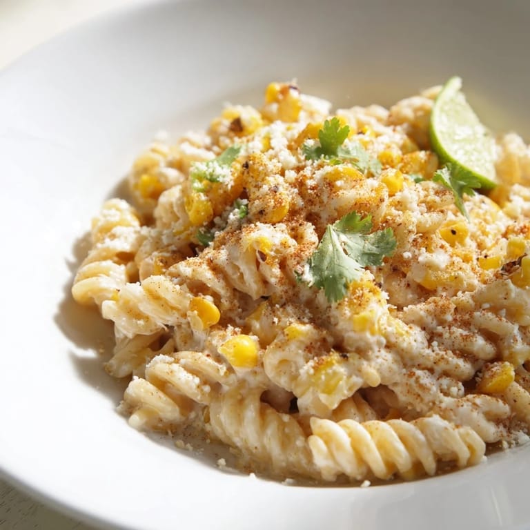 Vibrant bowl of Mexican Street Corn Pasta with a luscious sauce, ready for serving with lime.