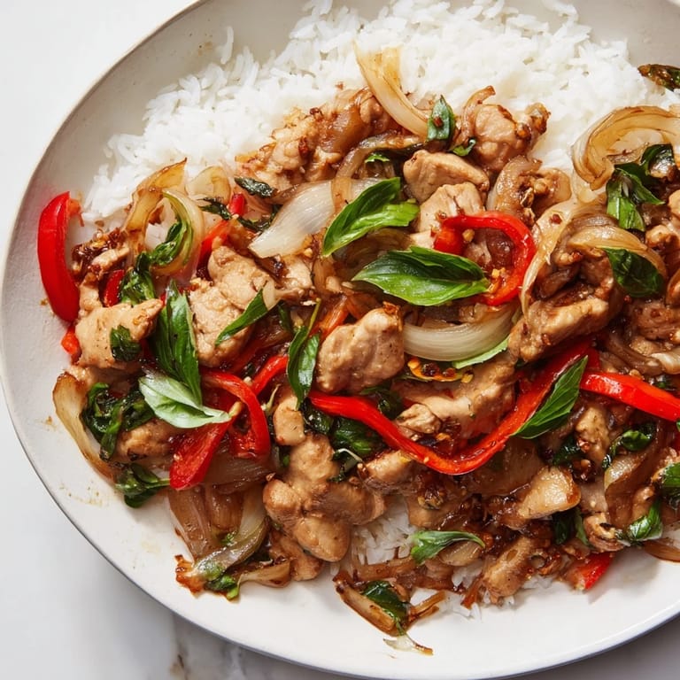 Freshly prepared Thai Basil Chicken Bowls, garnished with basil, ready to serve and enjoy.