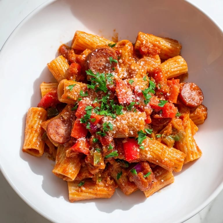 This delicious, easy Spanish Chorizo Pasta includes sizzling chorizo, herbs, and a touch of cheese.