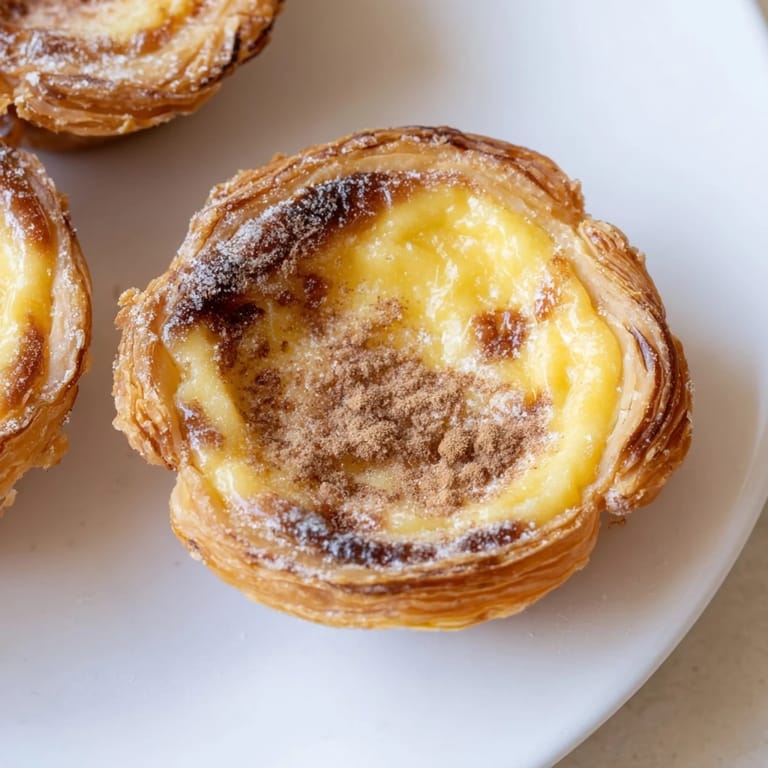 Dusting warm Portuguese egg tarts with powdered sugar, a perfect dessert treat, smelling of cinnamon.