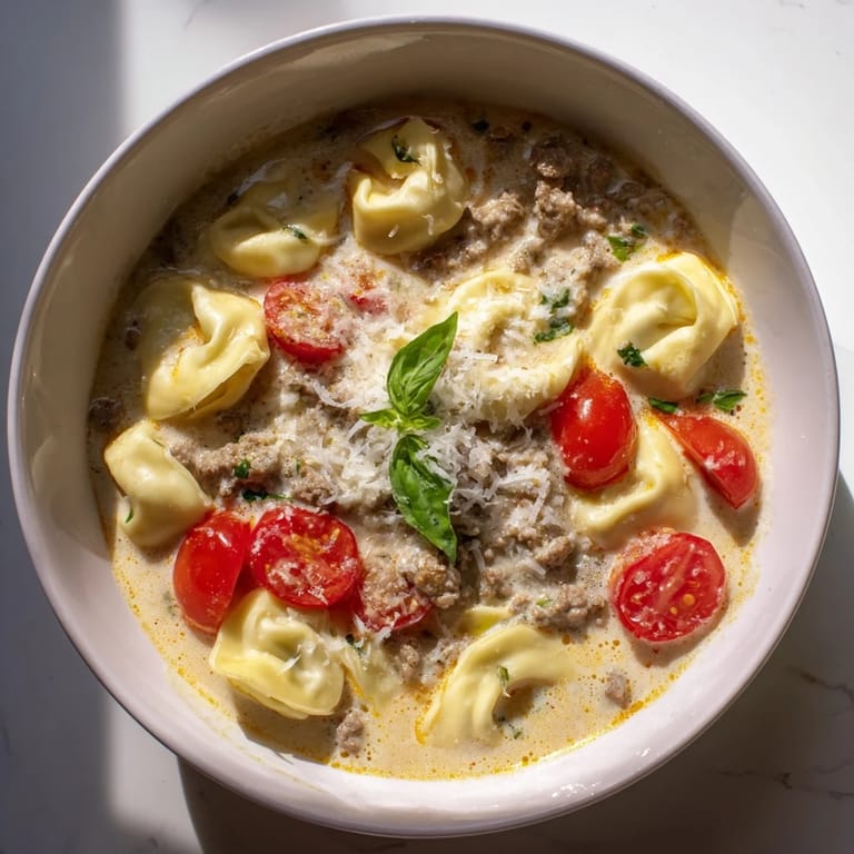 Hearty Italian-American tortellini soup with ground beef, cherry tomatoes, and spinach in a rich, creamy broth.
