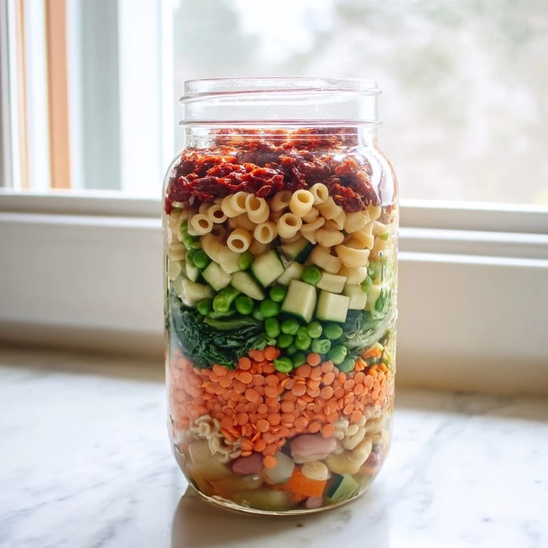 Minestrone Soup in a glass jar shows off colorful vegetable layers, ready to be stirred with boiling water for a quick meal.