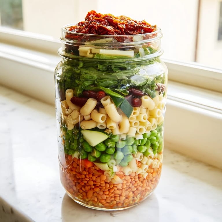 Hearty Minestrone Soup layered in a jar, featuring beans, pasta, and sun-dried tomatoes, perfect for a nourishing grab-and-go lunch.