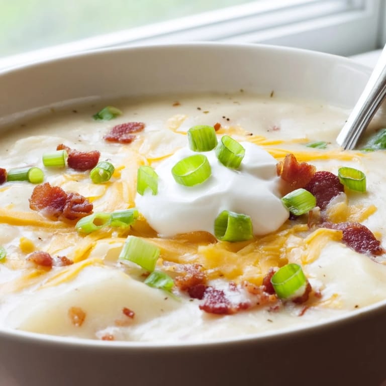 Served hot, loaded baked potato soup steams beside a crusty bread slice, garnished with sour cream and bacon.