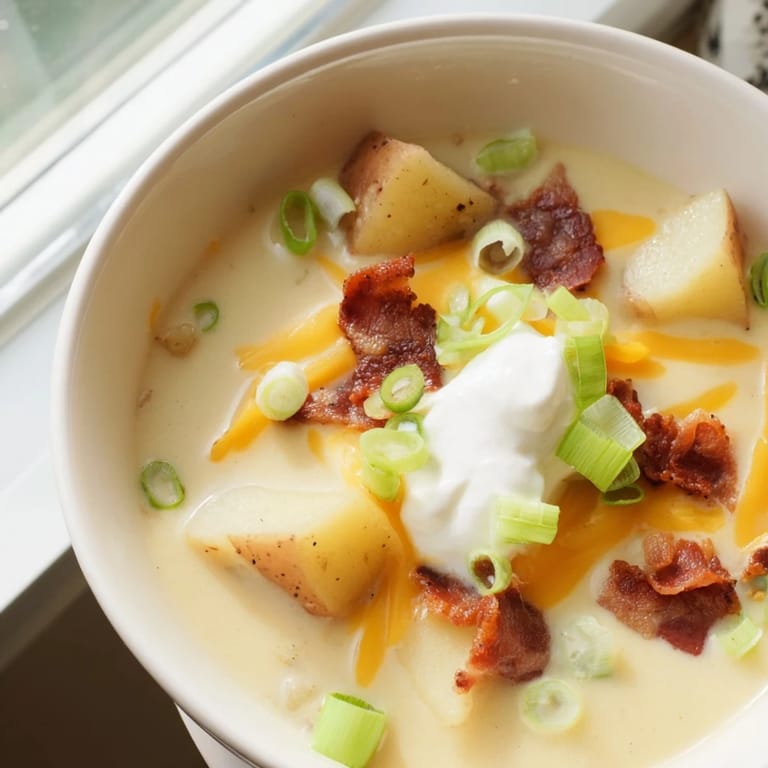 A ladle pours thick, velvety loaded baked potato soup over a baked potato wedge and melted sharp cheddar.  