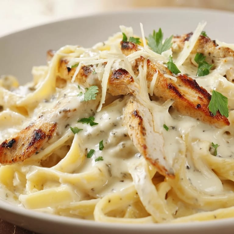A close-up of tender skillet chicken Alfredo, with glossy sauce coating every pasta noodle, perfect for a quick weeknight dinner.  
