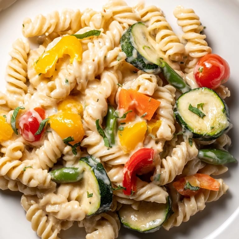 Steaming One-Pot Creamy Pasta Primavera served in a white bowl with fresh basil and grated Parmesan garnish.  
