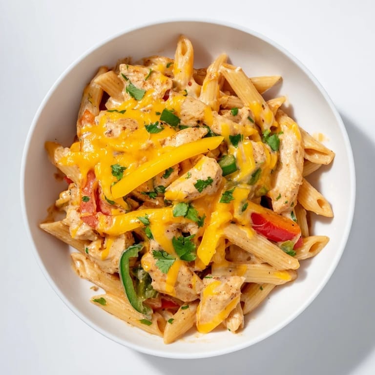 Golden, tender chicken and colorful pepper strips mingle with penne pasta in a rich, zesty fajita-seasoned sauce, garnished with fresh cilantro and lime wedges in this one-pan dinner.