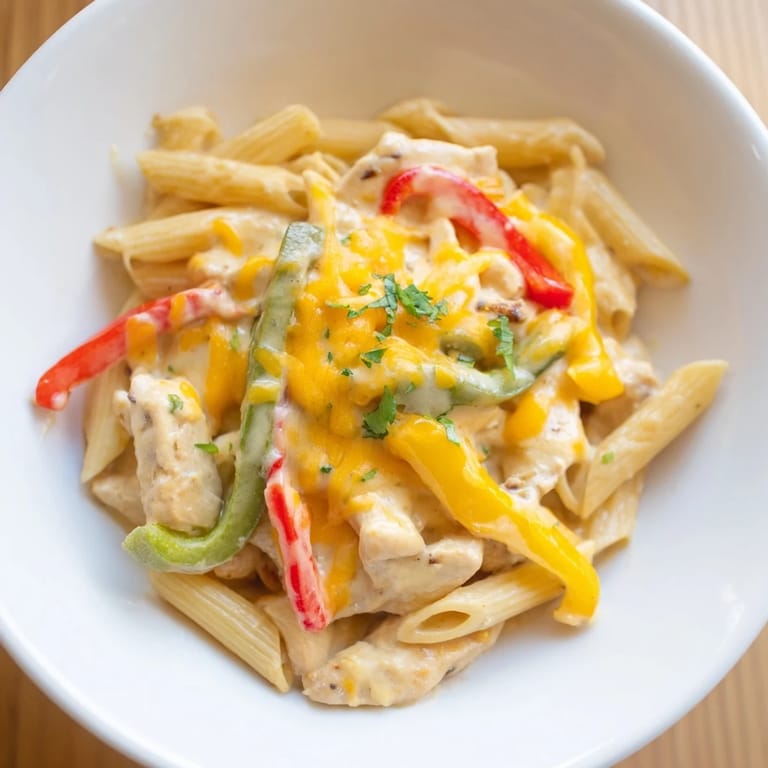 Close-up of a savory Chicken Fajita Pasta Skillet showing melted cheese, al dente pasta, and vibrant, seasoned chicken and vegetables, ready to be served for a family-style Tex-Mex meal.