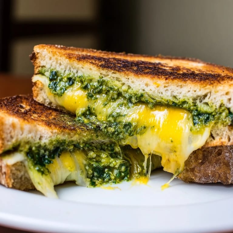 A close-up of a golden, crispy grilled cheese sandwich filled with vibrant spinach pesto and melted mozzarella.