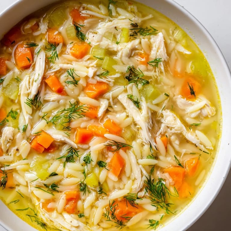 Comforting Chicken Lemon Orzo Soup with orzo pasta and herbs, ready for a nourishing family dinner.
