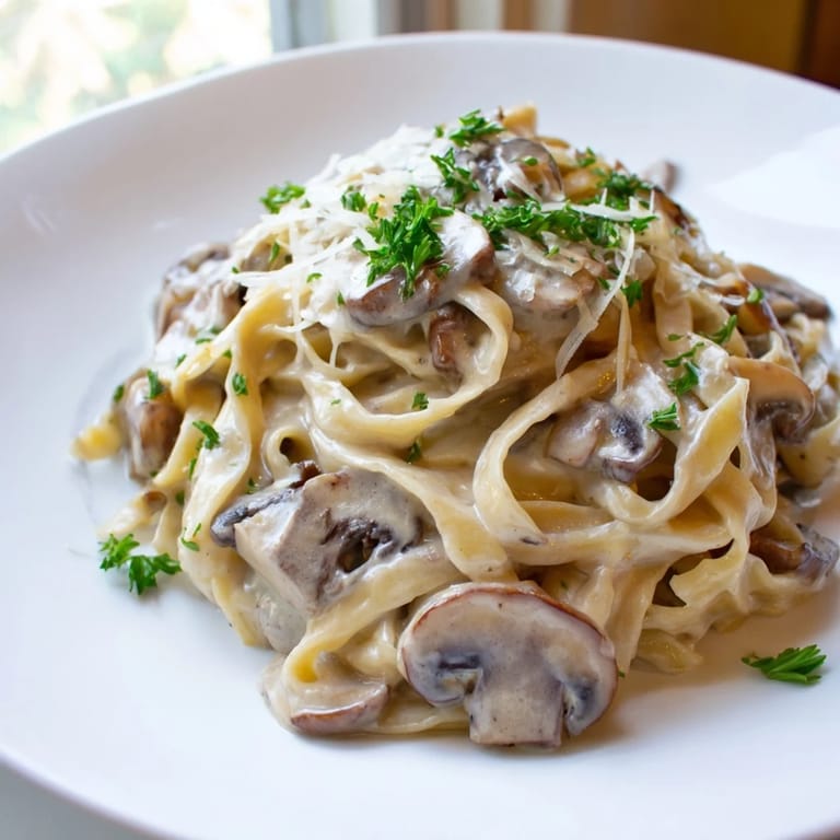 A skillet of creamy mushroom Alfredo pasta features sautéed cremini mushrooms, garlic, and melted Parmesan.  