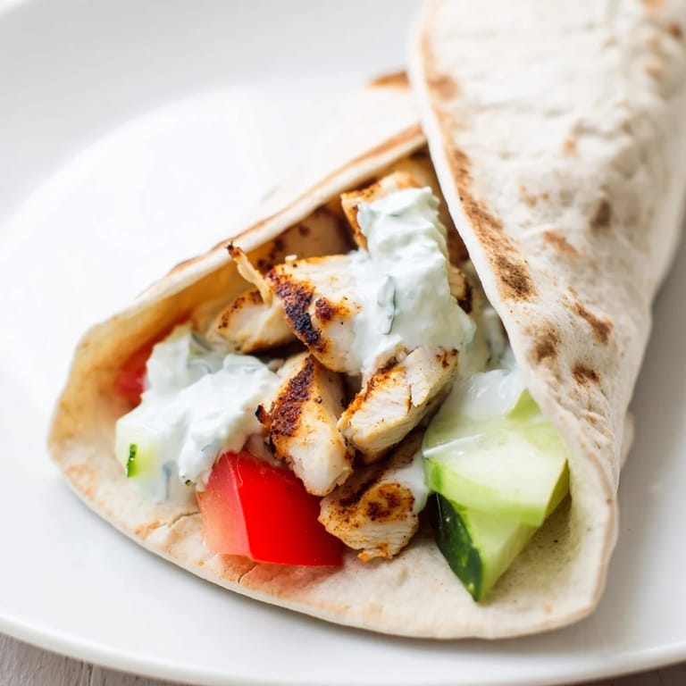 Juicy diced tomatoes and crisp cucumber slices fill a soft pita for a vibrant Greek Chicken Wrap.