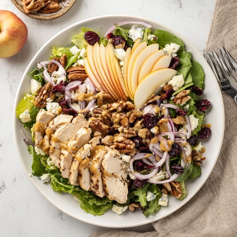 Golden dressing drizzled over a bed of arugula and spinach with chicken, apples, and candied pecans.
