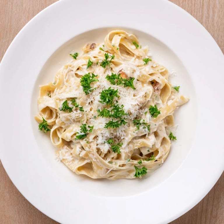 Savory roasted garlic cream pasta served in a warm bowl, ready for a comforting vegetarian dinner paired with white wine.
