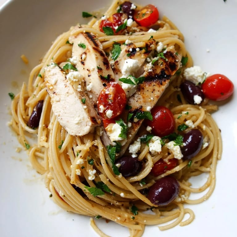 In this Greek Chicken Spaghetti, juicy tomatoes and red onion mingle with olive oil and lemon for a bright, Mediterranean flavor.  