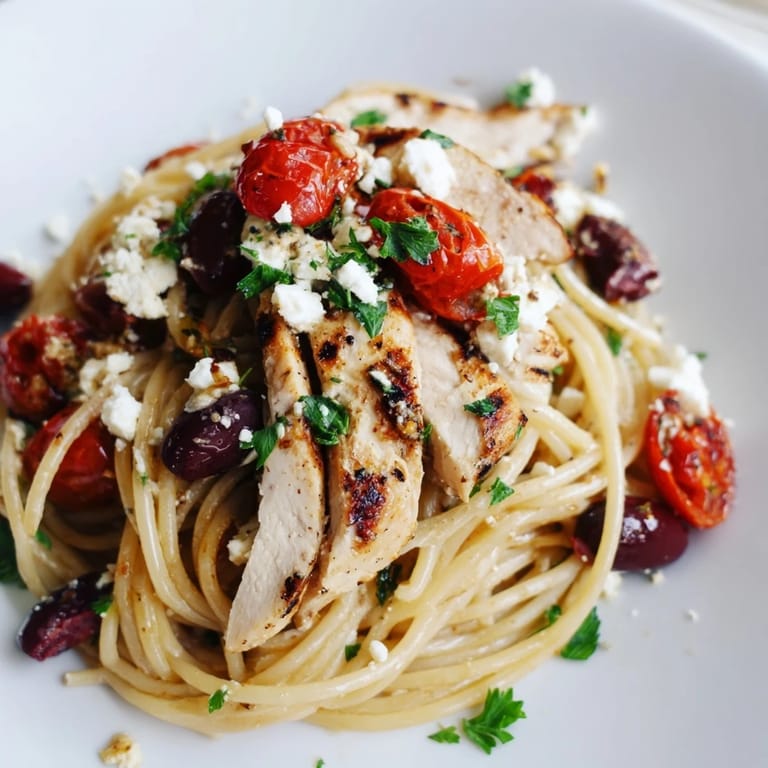 Serve Greek Chicken Spaghetti garnished with parsley and extra feta, perfect for an easy weeknight dinner or outdoor patio meal.