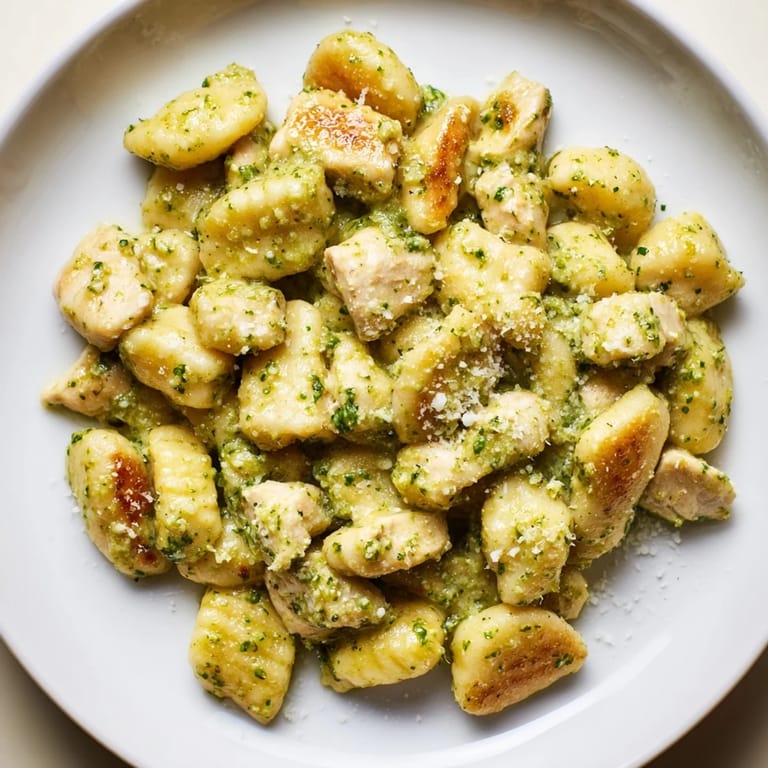 A rustic skillet holding Creamy Pesto Gnocchi with Chicken, showcasing rich, creamy basil sauce clinging to each pillow of gnocchi and juicy chicken bites, ready to be served.