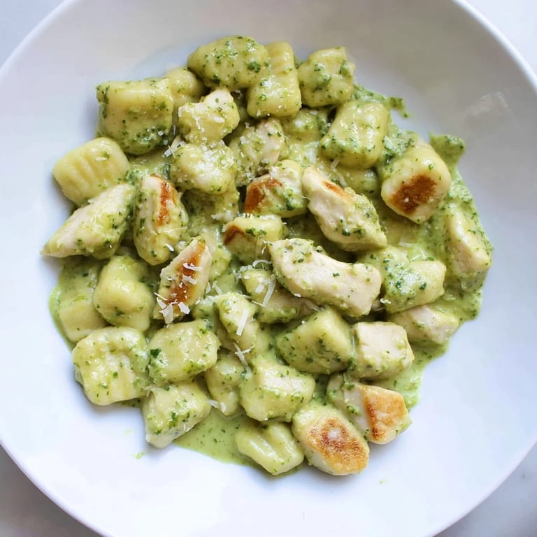 Steam rises from a white bowl of Creamy Pesto Gnocchi with Chicken, highlighting the glossy sauce and parmesan garnish, with a glass of white wine in the background.
