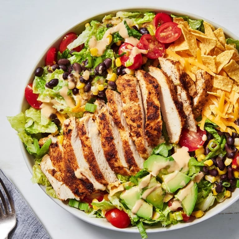 Served in a rustic bowl, this Crunchy Taco Chicken Salad features a creamy lime dressing drizzled over vibrant cherry tomatoes and green onions.