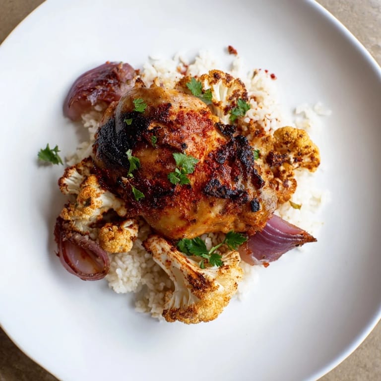 Family-style roasted cauliflower chicken sheet pan with tender vegetables and lemon wedges for dinner.