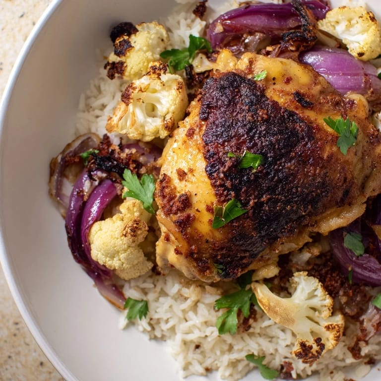 Smoky paprika roasted cauliflower chicken sheet pan served over basmati rice and garnished with cilantro.
