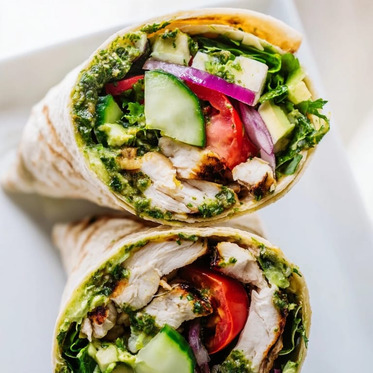 Sliced Chimichurri Chicken Salad Wrap on a plate, showing fresh cucumber and tomato tucked inside a soft flour tortilla.