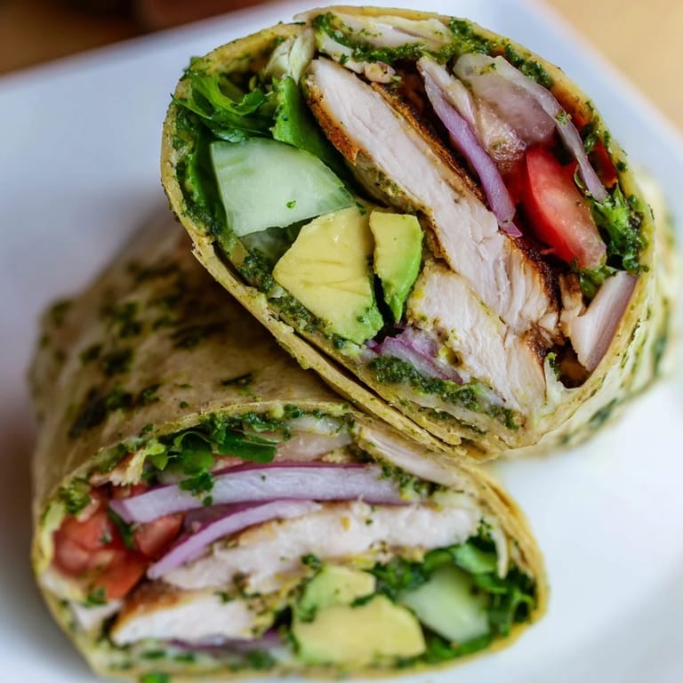 Freshly prepared Chimichurri Chicken Salad Wrap cut in half, revealing juicy marinated chicken and a colorful salad with tangy sauce.