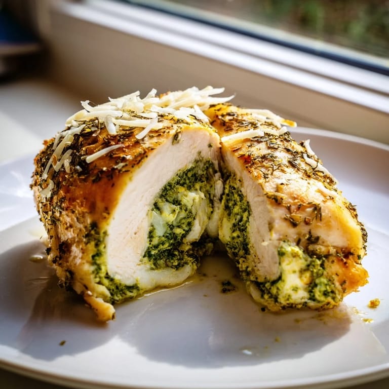 Savory Mozzarella & Pesto Stuffed Chicken plated beside a crisp green salad, ready for a delicious Italian-inspired dinner.