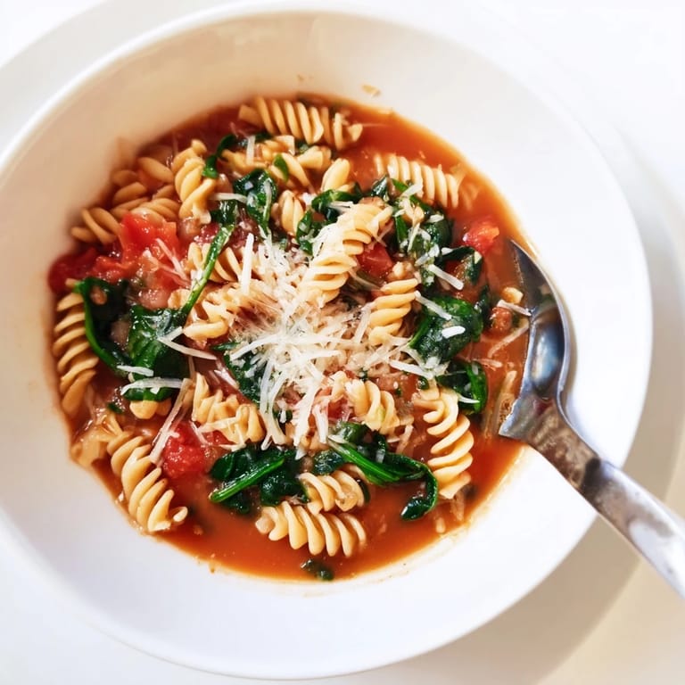 Tomato Spinach One-Pot Rotini cooked in a single pot, garnished with melted Parmesan and red pepper flakes for a quick dinner.  