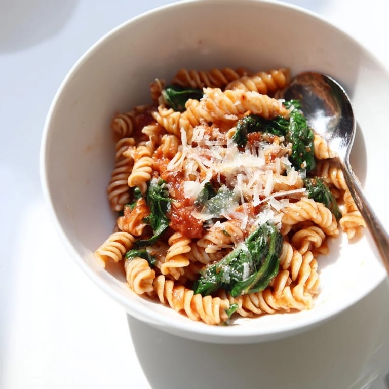 Healthy vegetarian Tomato Spinach One-Pot Rotini served in a skillet, highlighting wilted spinach and tender pasta for easy cleanup.