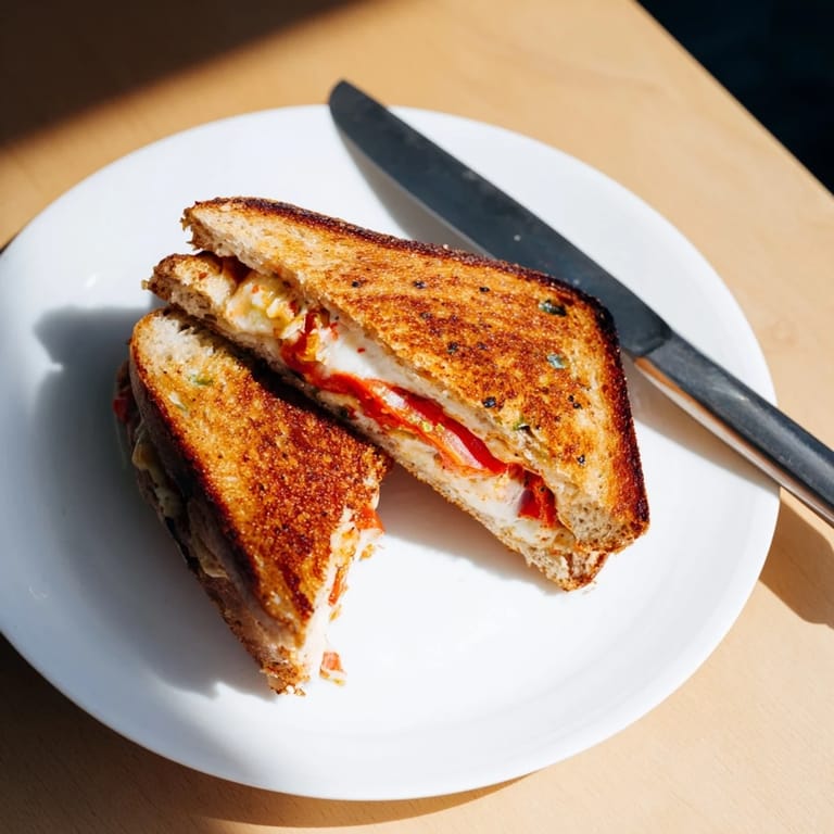 A sliced Pepper Jack & Tomato Grilled Cheese on a wooden board, revealing layers of spicy cheese and ripe tomato.