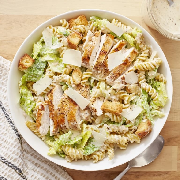 A close-up view of a Caesar pasta chicken bowl showcases al dente pasta tossed in creamy dressing and topped with savory cheese.