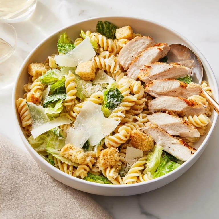 Served in a rustic ceramic bowl, this Caesar pasta chicken bowl features warm grilled chicken and colorful vegetables for a satisfying meal.