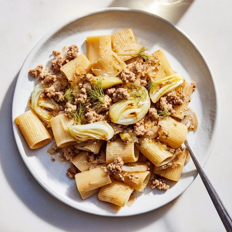 A hearty bowl of Winter Pasta with Sausage and Fennel, topped with fresh parsley and grated Parmesan, served alongside a glass of crisp white wine.