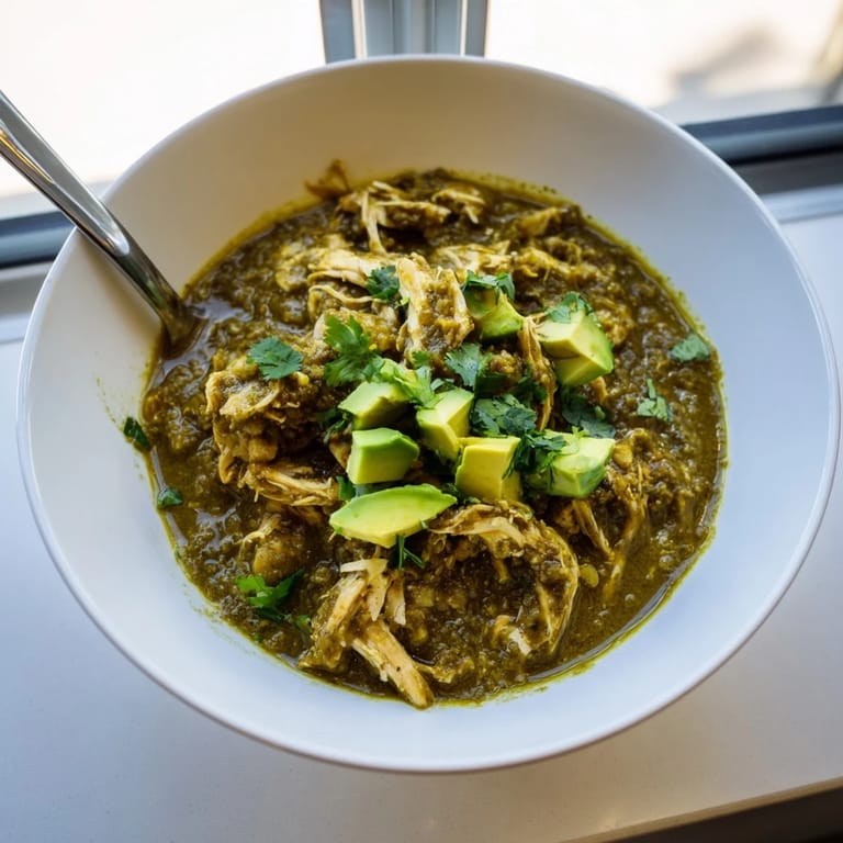 A close-up view of hearty Chicken Chili Verde served in a rustic bowl with creamy avocado slices and radishes.