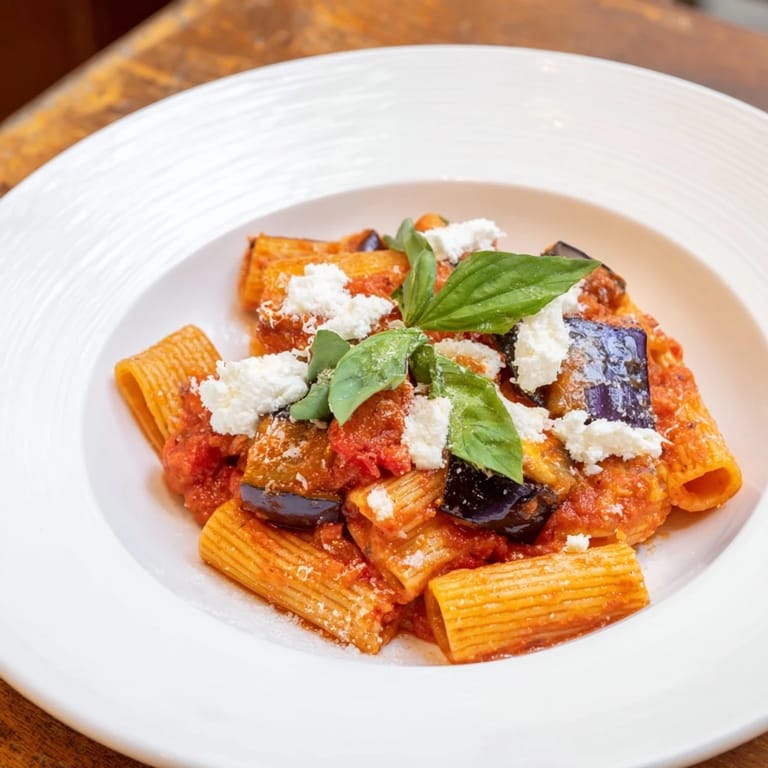 A serving of Pasta Alla Norma on a rustic wooden table, featuring tender roasted eggplant, penne pasta, and fresh basil leaves, perfect for a weeknight vegetarian dinner.