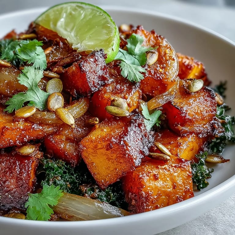 Warm, caramelized red kuri squash bowl with maple, chili, and crunchy pepitas.