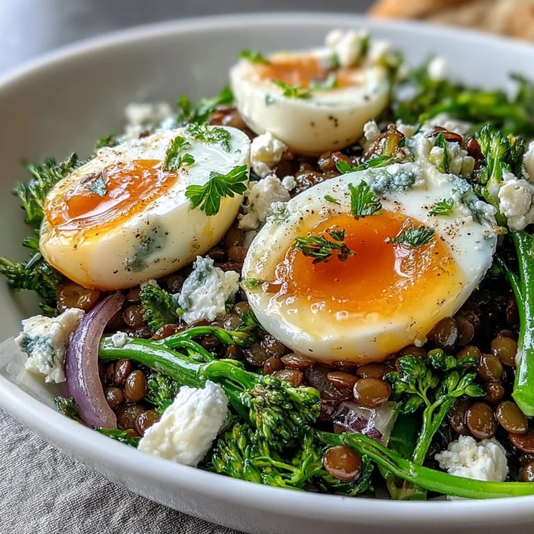 Vibrant French Lentil Salad With Broccolini and Soft-Cooked Eggs finished with crumbled goat cheese and cracked pepper.