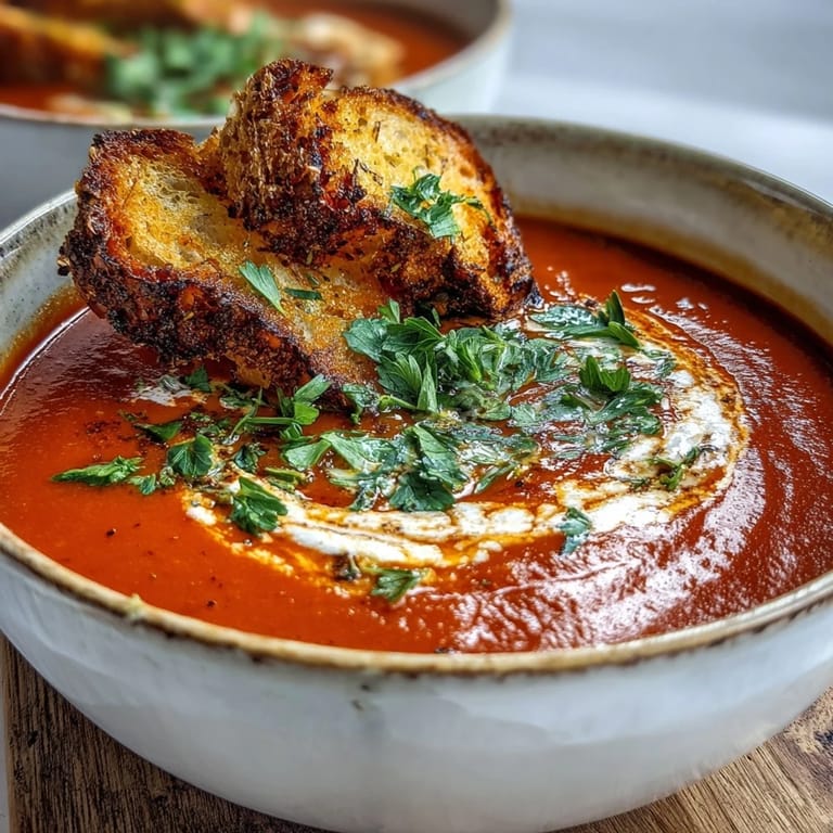 A vibrant red pepper soup topped with crunchy golden croutons and fresh parsley.