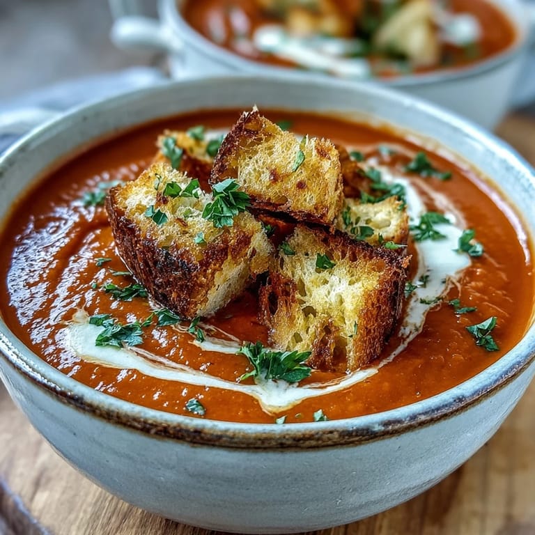 Velvety roasted red pepper soup topped with crunchy croutons and fresh green parsley.